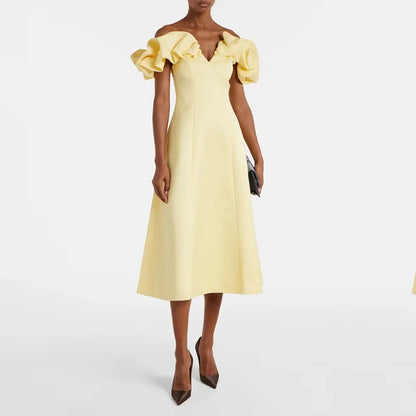 Modern Yellow Satin Women's Evening GownA Line Tea Length Formal Party Dress Off The Shoulder Saudi Dress Sleeveless Prom Dress