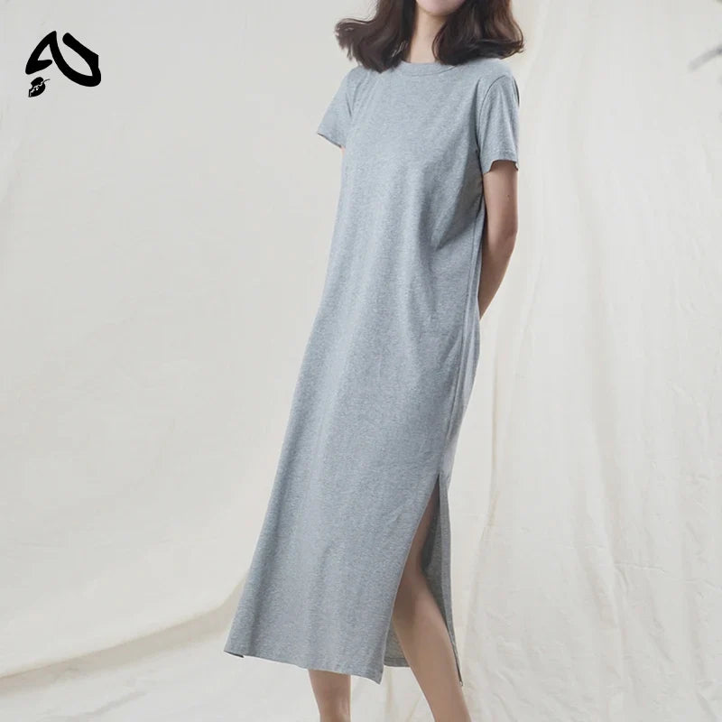Original Casual 94% Cotton Summer Women's Dresses Solid Short Sleeve Spilt Long Midi Dress Fashion Sundress Female Clothing