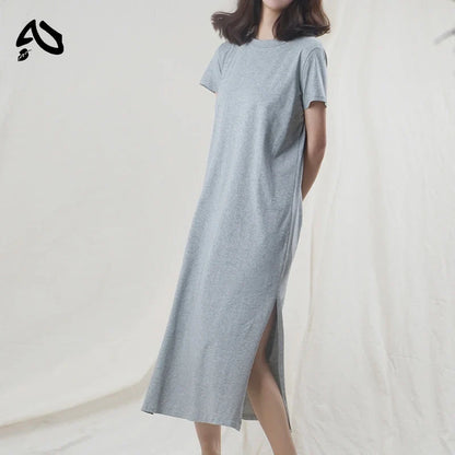 Original Casual 94% Cotton Summer Women's Dresses Solid Short Sleeve Spilt Long Midi Dress Fashion Sundress Female Clothing