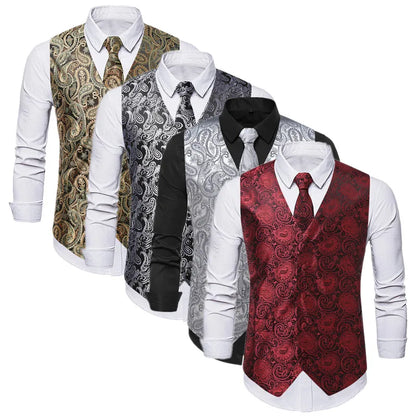 New Men Jacquard Splicing Thin Loose Suit Vest Fashion Homme Wedding Dance Party Dress Waistcoat Free with Tie