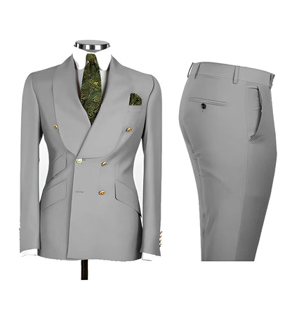 Light Blue Men's Suits Chic Double Breasted Blazer Peak Lapel Elegant Formal Set Male 2 Piece Jacket Pants Wedding Groom Tuxedos
