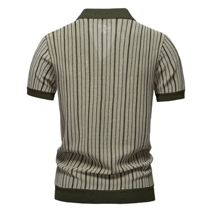 2025 Men's Striped Mesh Polo Shirt - Breathable Contrast Panel Knit Top with Turn-Down Collar