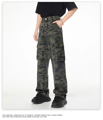 Tall Pants for Slim Thin Skinny Men Y2K Straight Wide Leg Cotton Cargo Pants Camouflage Extra Long Length Trouser Male Vintage