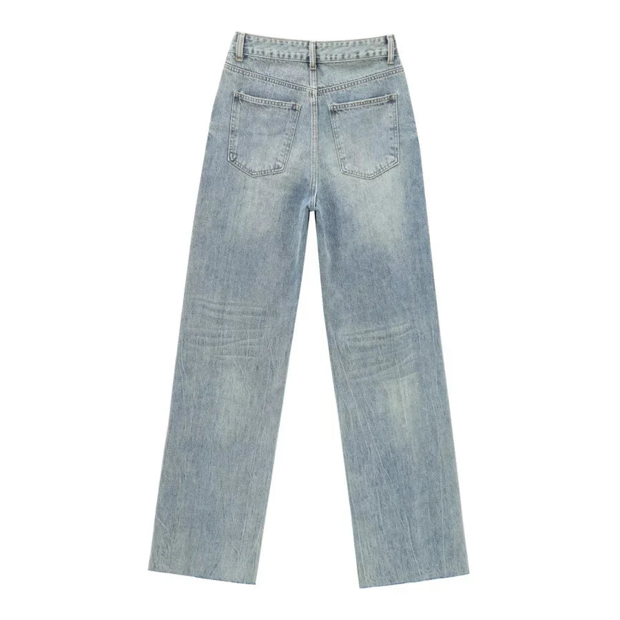 Wide-leg high-waisted jeans  women's classic everything with five pockets washed soft comfortable ultra-long jeans6045022