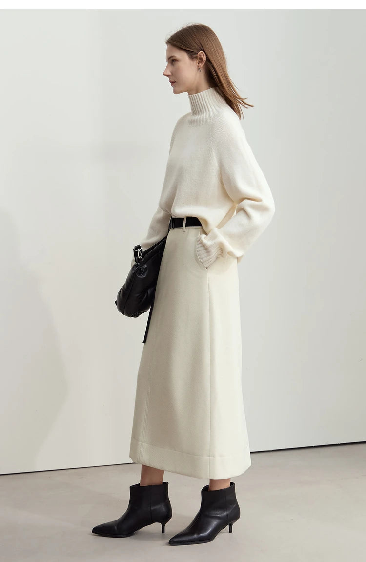 Minimalism Women's Elegant Commuter Skirts with Velvet Belt 2024 Winter Twill Fabric Warm Slit Straight Midi Skirt 12444183