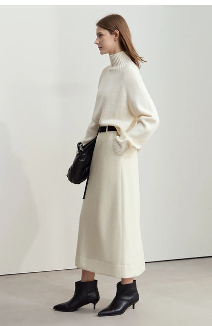 Minimalism Women's Elegant Commuter Skirts with Velvet Belt 2024 Winter Twill Fabric Warm Slit Straight Midi Skirt 12444183