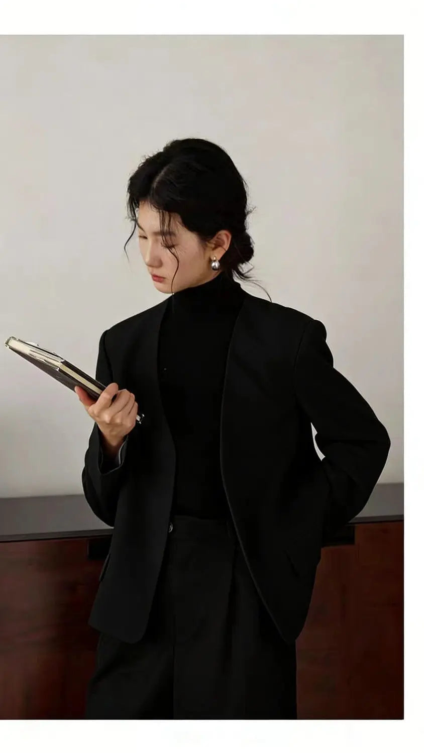 Womens Gray Collarless Blazer Cropped Open Front Suit Jacket Casual Office Outerwear