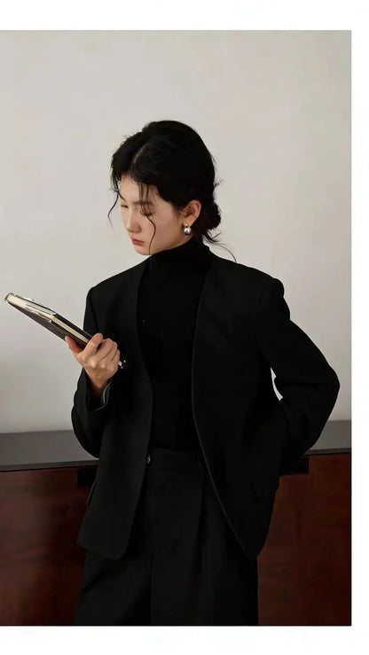 Womens Gray Collarless Blazer Cropped Open Front Suit Jacket Casual Office Outerwear