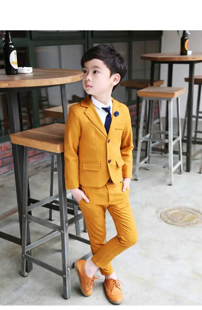 Flower Boys Orange Dress Kids Slim Blazers + Pants 2PCS Party Wedding Suit Children Photography Clothing Set Gentle Prom Costume