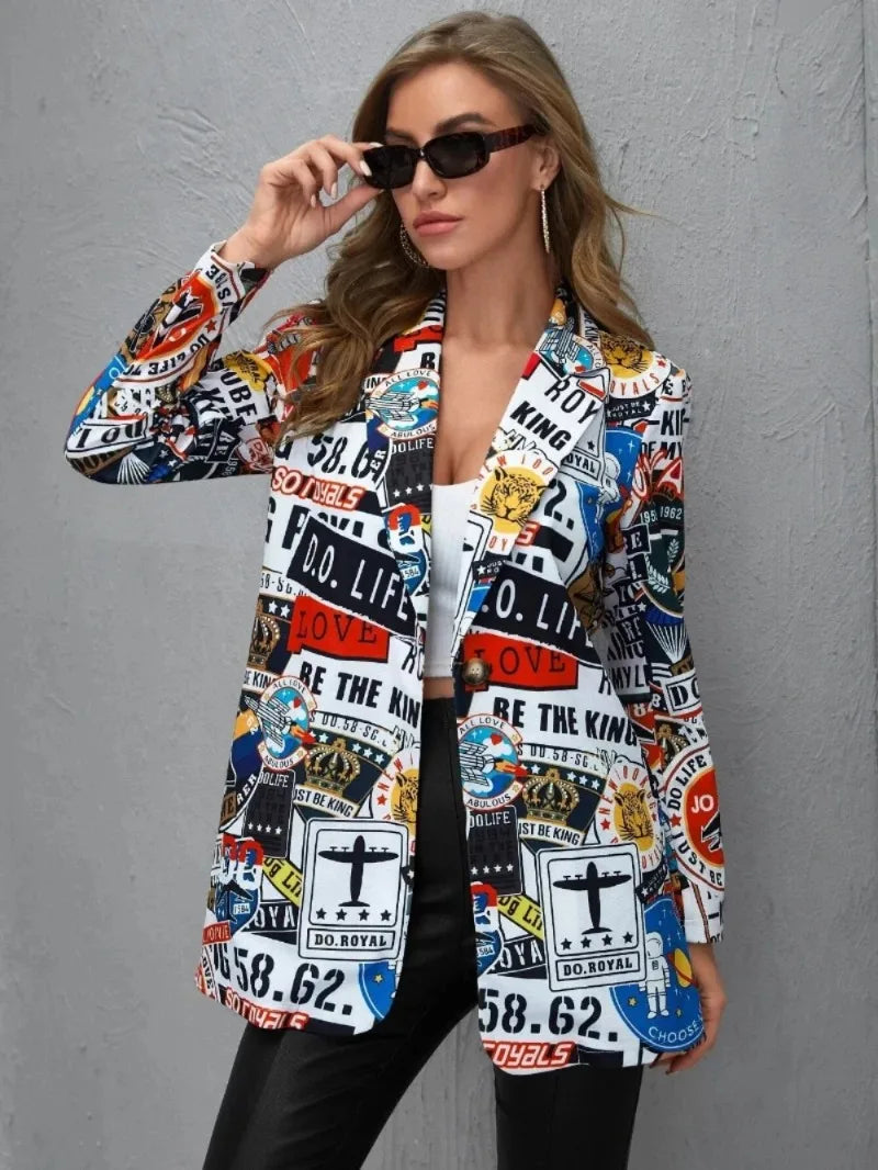 Elegant and Youth Blazer Spring Fashion Vintage Irregular Print Casual Woman Clothing High Street Lapel Blazer Woman Outerwears