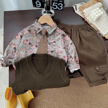 Autumn floral Style Kid Boys 3PCS Clothes Set Cotton Tie Collar Shirts Knitted Sticker Vest Solid Pants Suit Toddler Boys Outfit