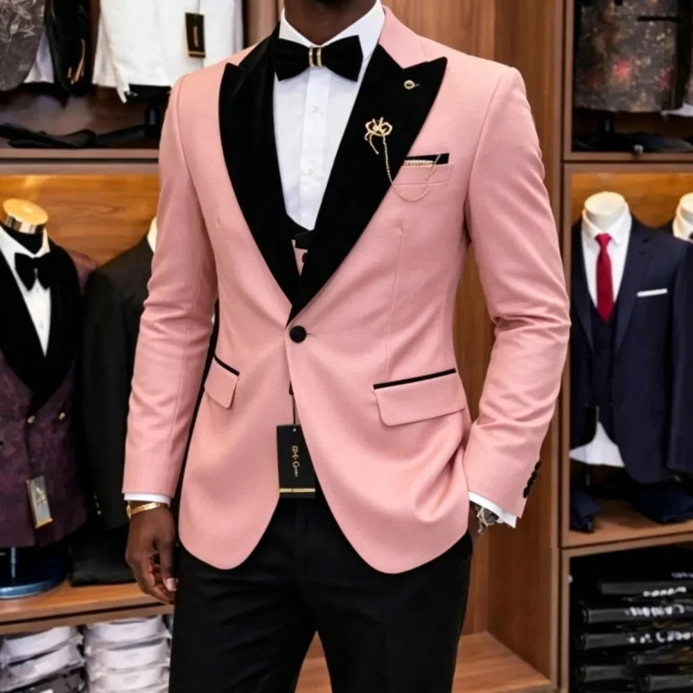Slim Fit Luxury Three Pieces Men Suit Set Separates Custom Groom Tuxedo With Black Velvet Lapel For Wedding Party ropa hombre