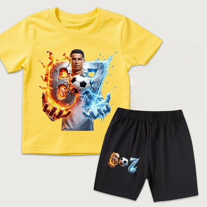 New Arrival CR7 Ronaldo 67 Print Kids Cotton T Shirt Short Sleeve Casual Top Set for Boys Girls
