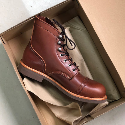 Durable Goodyear-Welted Motorcycle Rugged Heritage Boots Vintage Oil Genuine Leather 8111 Red Punk For Men Cowhide Mid-Cut Shoes