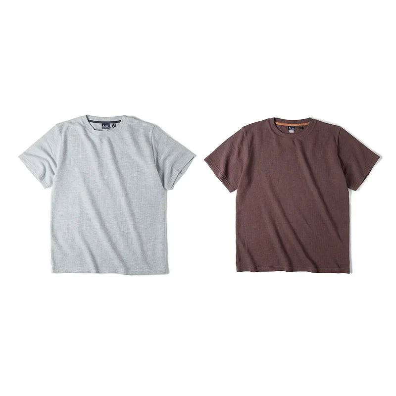 Maden Retro Knit Waffle Short Sleeve T-shirts for Men's Summer Round Neck Loose Fit Casual Tee Basic Solid Color Classic Tops