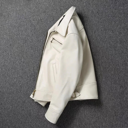 Men's Genuine Leather Jacket White Lapel Calfskin Jacket Natural Cowhide Men's Coat Slim Fit Top Layer Cowhide Biker Jacket