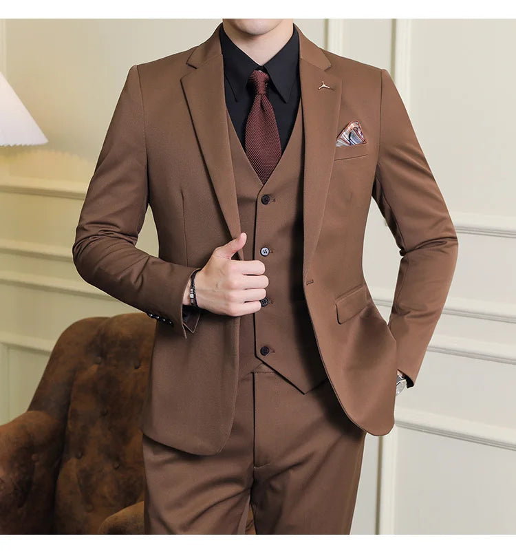 S-7XL Jacket Vest Pants Luxury Elasticity Boutique Fashion Men's Solid Color Casual Business Suit 3-piece Sets Groom Wedding