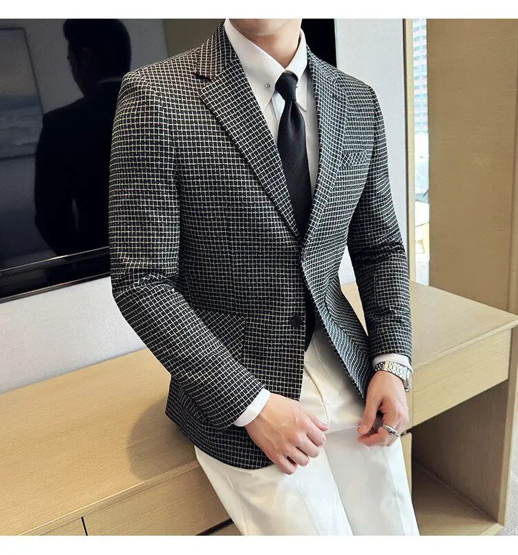 Men's Elegant Grid Suit Jacket 2026 Spring New Fashion Slim Blazer Jackets Social Prom Dress Jacket Men's High Quality Clothing