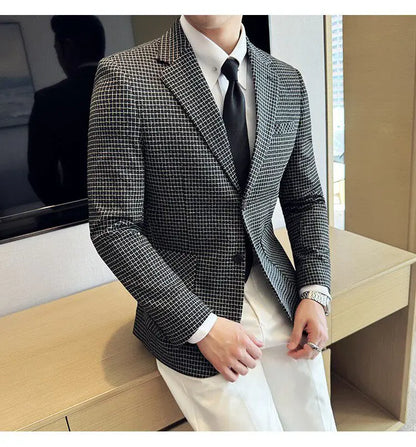 Men's Elegant Grid Suit Jacket 2026 Spring New Fashion Slim Blazer Jackets Social Prom Dress Jacket Men's High Quality Clothing
