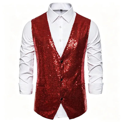 Shiny Sequin Men's V Neck Vest Single Breasted Suit Gilet Waistcoat for Wedding Prom Party Club Nightclub DJ Stage Performance