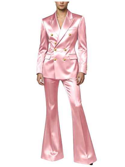 Men's Double Breasted Satin Suit Set 2 Piece Notch Lapel Gold Button Blazer Flare Pants Formal Wedding Prom Party Groom Outfit
