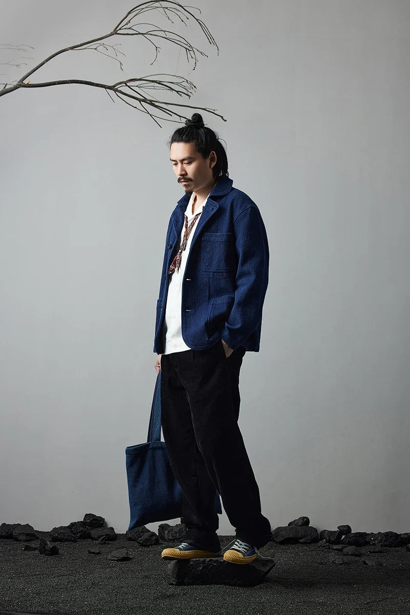 Heavy Weight Indigo Jacket Men Autumn Winter Vintage Workwear Tooling Jacket Blue Dyed Kendo Fabric Multi-pocket Cardgian Coat