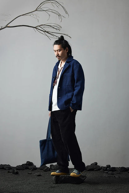 Heavy Weight Indigo Jacket Men Autumn Winter Vintage Workwear Tooling Jacket Blue Dyed Kendo Fabric Multi-pocket Cardgian Coat