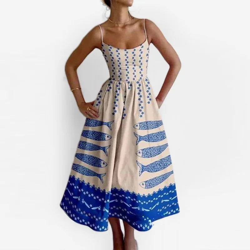 Fashion Women Print Suspenders Blue Ocean Fish Pattern Sexy Long Dress 2025 New Spring Summer Temperament Maxi Dresses