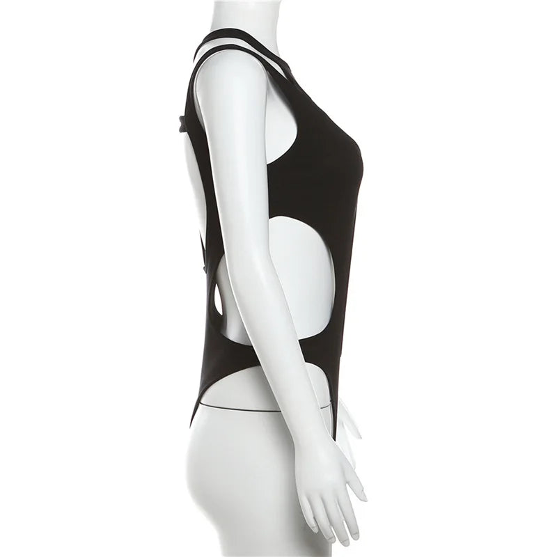 Mall Gothic Hollow Out Sexy Bodysuits Techwear Fashion Y2k Patchwork Tops Women Grunge Backless High Cut Slim Bodysuit