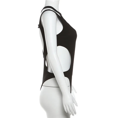 Mall Gothic Hollow Out Sexy Bodysuits Techwear Fashion Y2k Patchwork Tops Women Grunge Backless High Cut Slim Bodysuit
