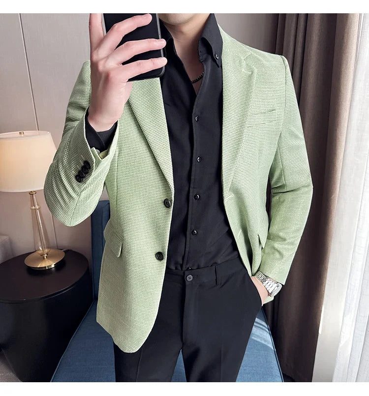 Bright Silk Thousand Bird Grid Suit Jacket Korean-style Business Fashion Slim Fit Single Breasted Men Social Party Dress Coats