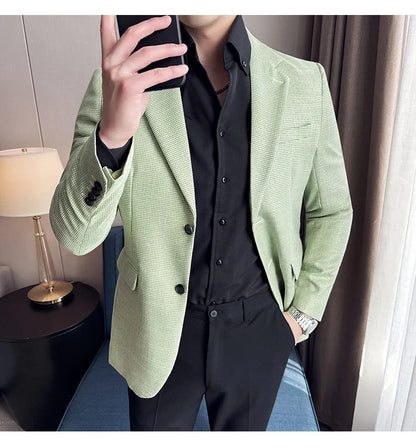 Bright Silk Thousand Bird Grid Suit Jacket Korean-style Business Fashion Slim Fit Single Breasted Men Social Party Dress Coats