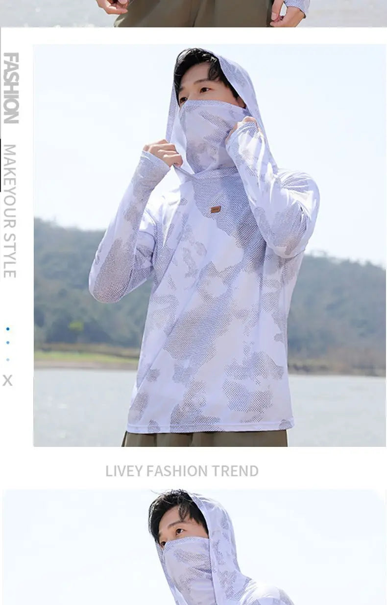 Mens UPF50+ T-Shirt Hoodie Tight Sports Casual Sun Protection T-Shirt Running Quick Dry Hoodie Sunscreen Fishing Men's Clothing