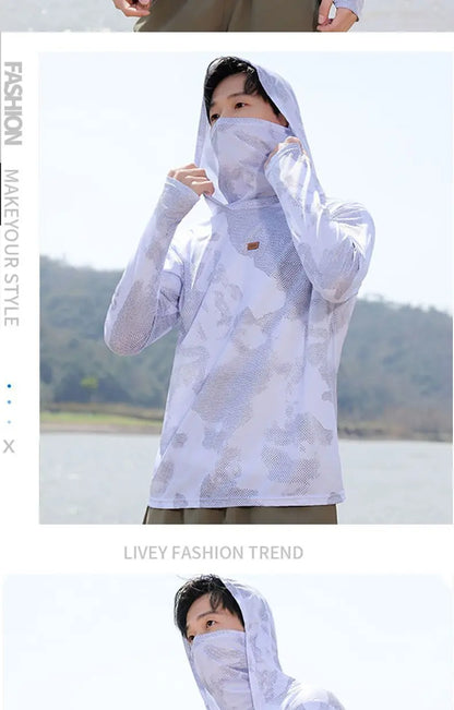 Mens UPF50+ T-Shirt Hoodie Tight Sports Casual Sun Protection T-Shirt Running Quick Dry Hoodie Sunscreen Fishing Men's Clothing