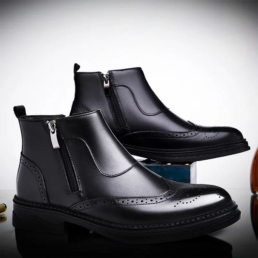 Male Winter Shoes Plush Warm Shoes Fashion Zipper Men's Basic Boots British Style Business Shoes Genuine Leather Chelsea Boots