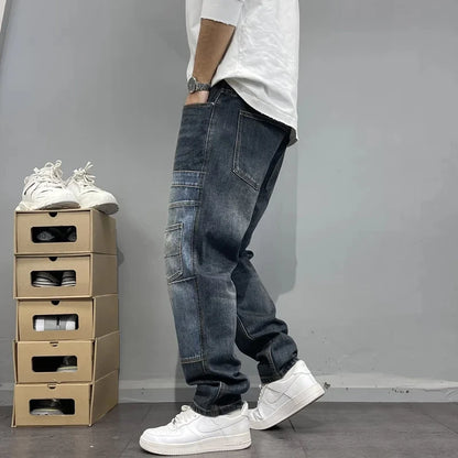 Patchwork Straight Leg Jeans Plus Size Multi Pocket Japanese Streetwear High Quality Trendy Skater Fit Denim Trousers 2025 New