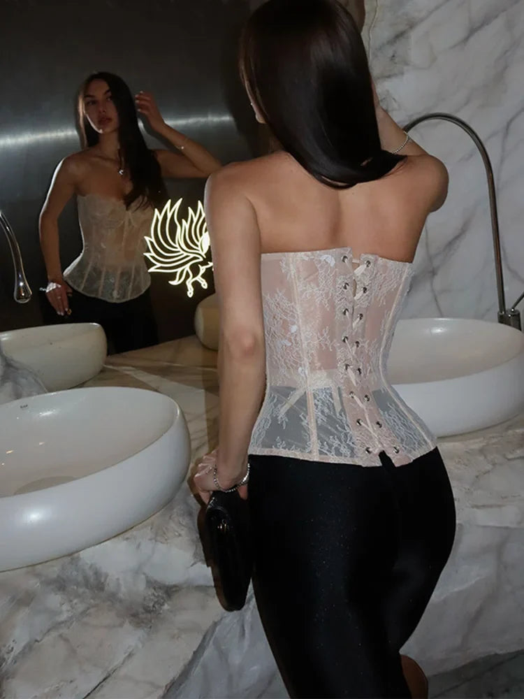 Sexy Women Sheer Lace Corset Top Bodycon Strapless Boned Bustier Sleeveless Back Lace-up Outfit 2026 New Fashion Party Clubwear