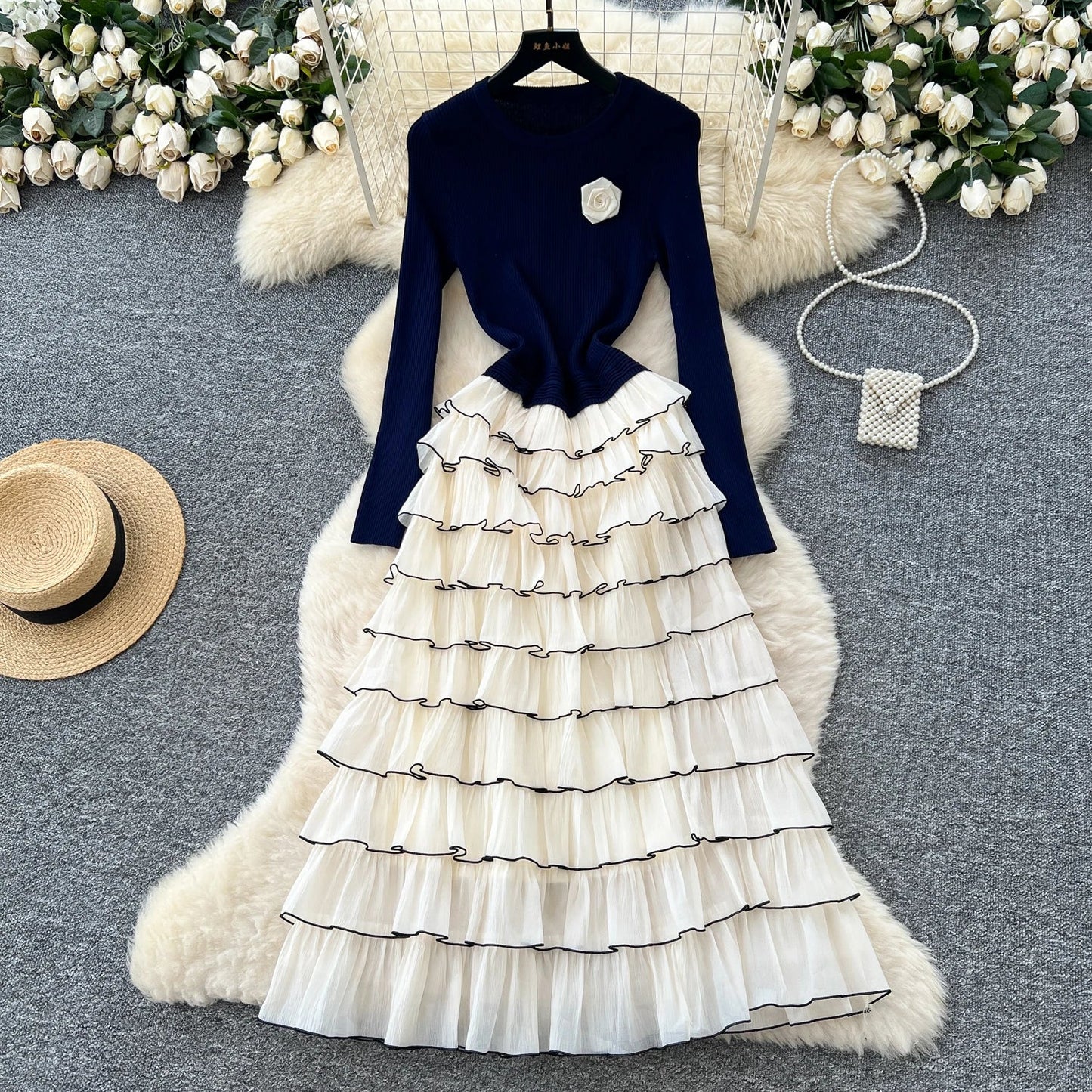Autumn 3D Floral Spliced Long Dress 2025 Female O Neck Long Sleeves High Quality Slim Luxury Knitted Party Cake Dress