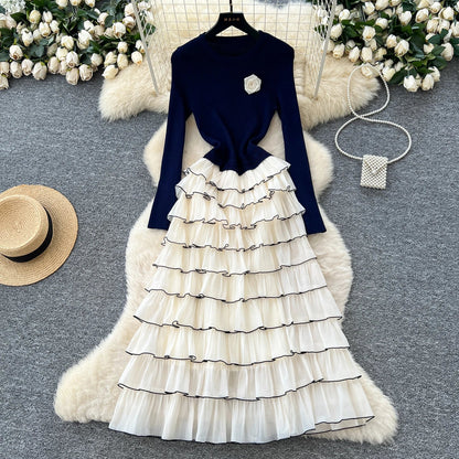 Autumn 3D Floral Spliced Long Dress 2025 Female O Neck Long Sleeves High Quality Slim Luxury Knitted Party Cake Dress