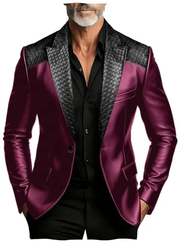 Men's Faux Suede Jacket with PU Leather Collar & Shoulder Two-Tone Blazer Contrast Trim Coat