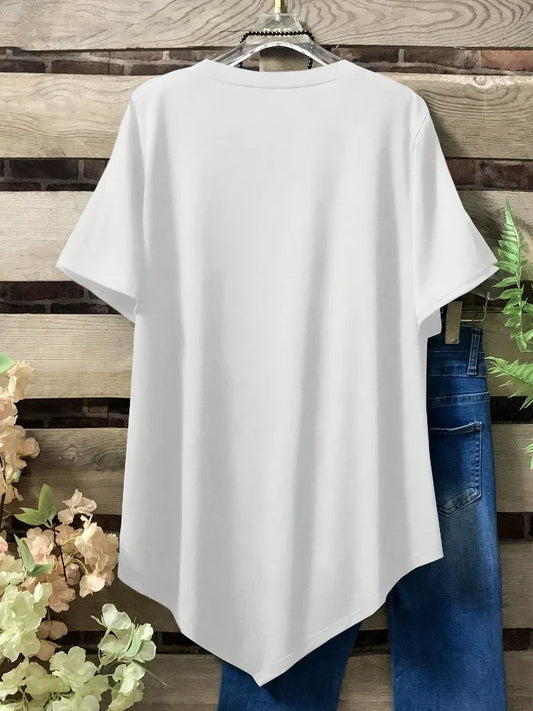 Plus Size New Summer Women's Solid Color Round Neck Tops Button Decoration Creative Irregular Hem Clothing Short Sleeved T-shirt