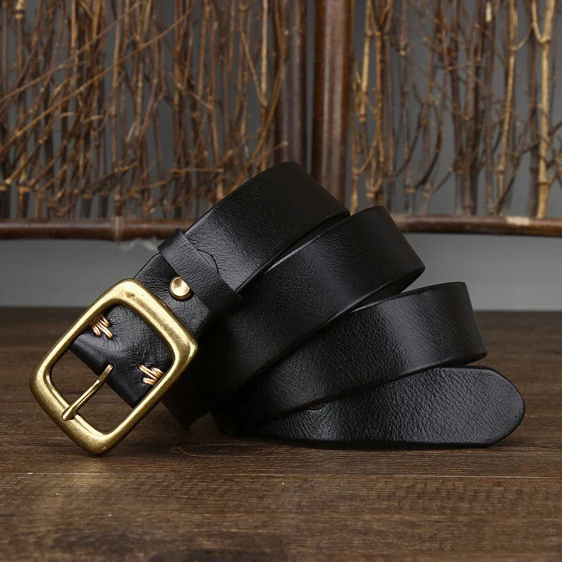 3.3CM Men's Genuine Leather Belt Luxury Designer Brass Pin Buckle Belts Pure Cowskin Vintage Strap Male Jeans for Man Women