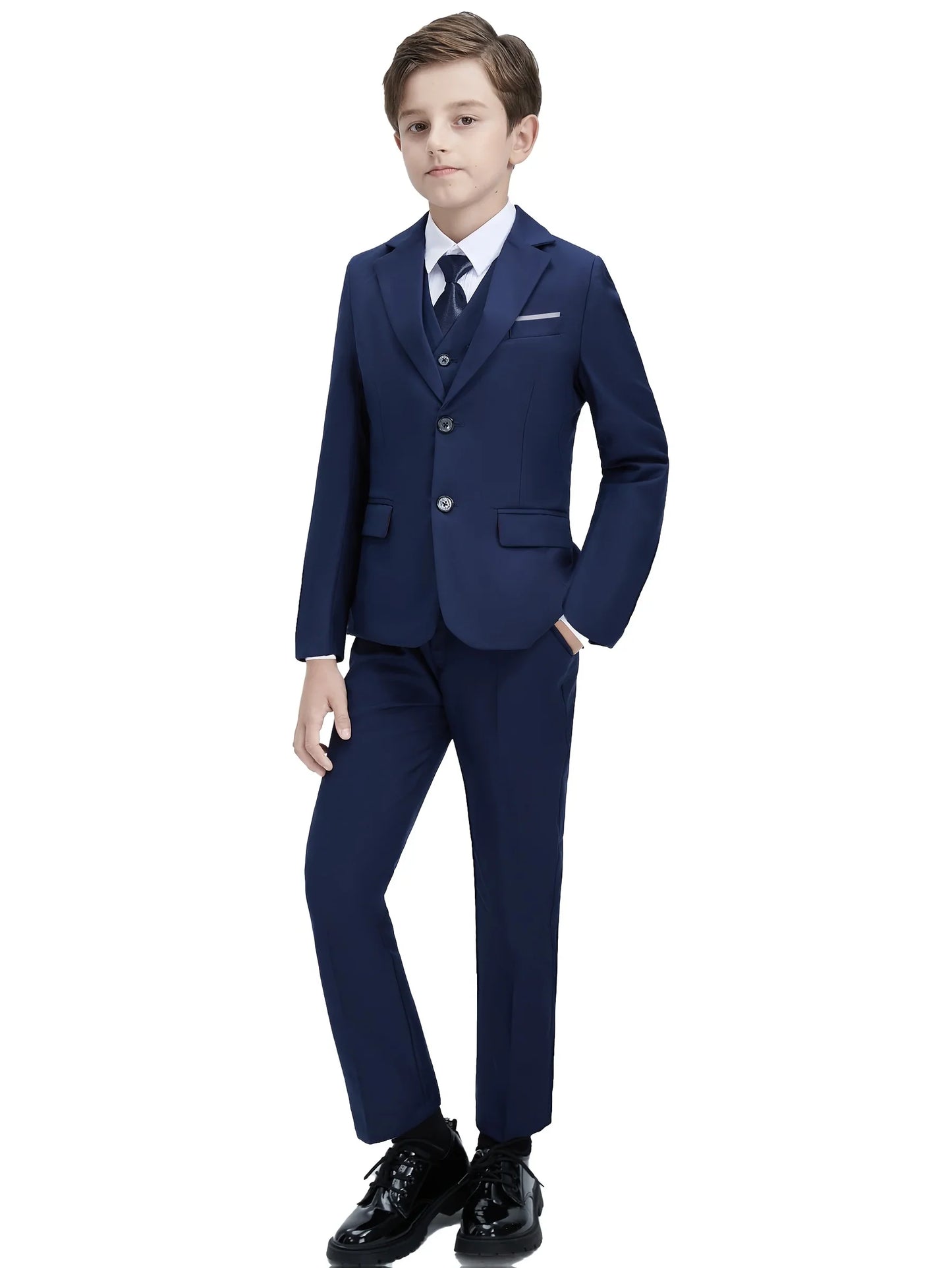 4pcs Boys' Suit Set Jacket Shirt Pants Tie Suitable for Banquets Weddings Graduation Ceremonies Black Sizes for 6Y-16Y Children