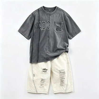 Cool Style Teenager Summer Set T-shirt And Ripped Denim Shorts Clothing Set for Kids Boy Age 7 To 14 Years Children Clothes Suit