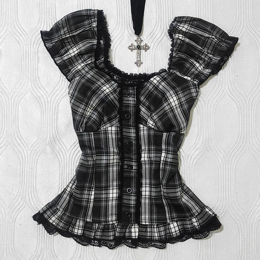 Y2K Gothic Aesthetic Top Square Neck Women's Retro Harajuku Fashion Casual Fairy Style Sweet and Cute Emotional Girl