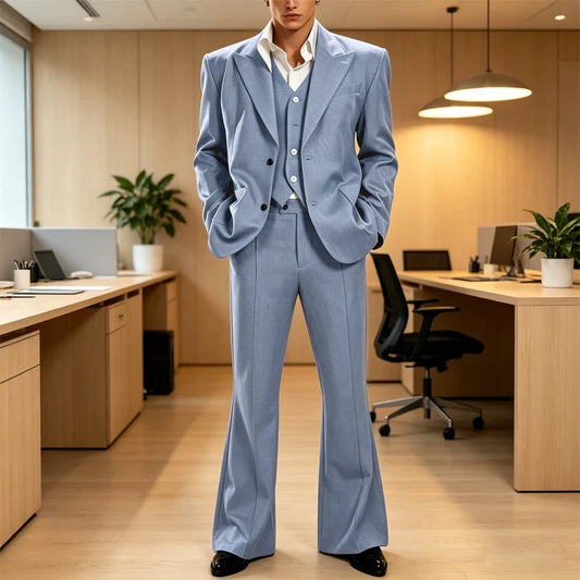 Vintage Men's 3 Piece Suit Set Peak Lapel Slim Fit 2 Button Double Breasted Blazer Vest Flared Pants for Formal Business Wedding