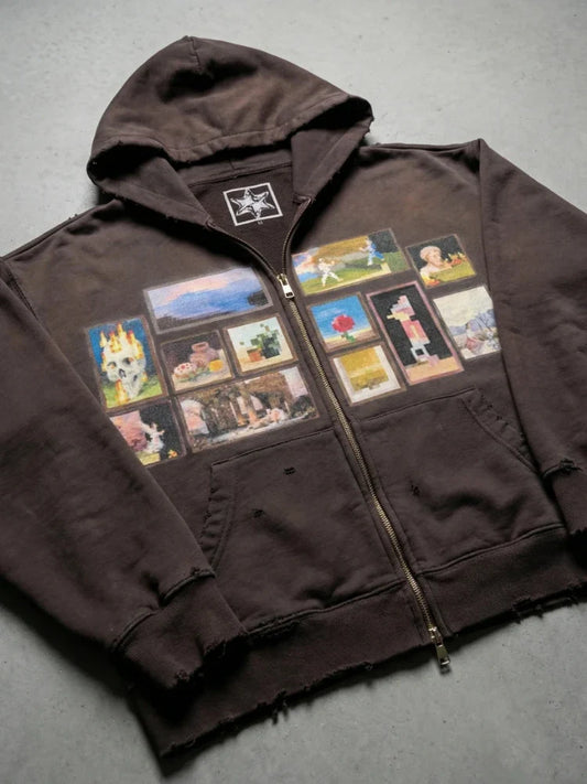 Y2K Retro Gallery Hoodie Brown Pixel Painting Art Pattern Zip Up Sweatshirt Trendy Classic Streetwear Unisex Oversize Clothing