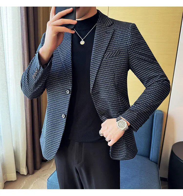 Men's Elegant Grid Suit Jacket 2026 Spring New Fashion Slim Blazer Jackets Social Prom Dress Jacket Men's High Quality Clothing