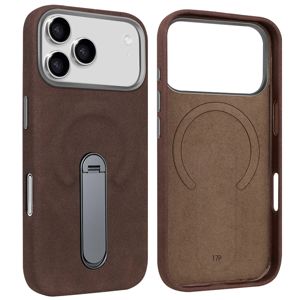 For iPhone 17 Pro Protective Case With Metal Rotatable Kickstand Suede Artificial Leather Phone Case For iPhone 17 16 15 Pro Max