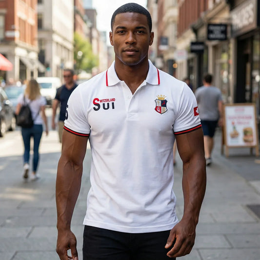 New Swiss polo shirts men short sleeved polo collars fashionable casual sporty high-end pure cotton micro elastic embroidery